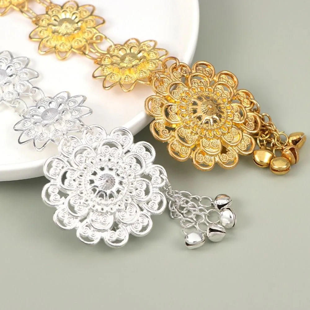Traditional Metal Ethnic Belt – Hollow Tassel Bell, Silver & Gold Ethnic Waist Belt Qme