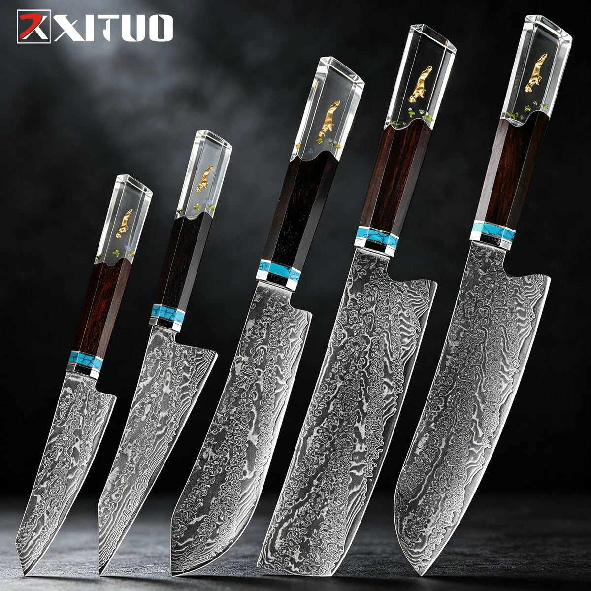 XITUO 6-Piece Damascus Steel Kitchen Knife Set – Resin Handle Kitchen Knife Set Qst 5PCS Knife