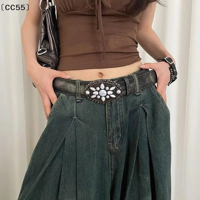 Vintage Boho Western Belt – White Stone Buckle Embossed PU Women's Fashion Belt Qst