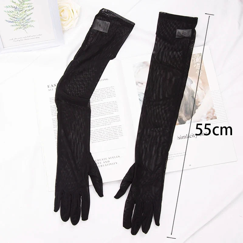 Women's Sheer Lace Long Gloves – Seamless & Stretchy, 55cm Lace Long Gloves Qme black 55cm