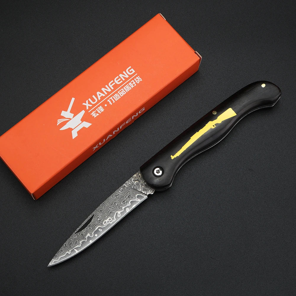98K Damascus Folding Knife – Sandalwood Handle Camping Blade Folding Knife Qst black