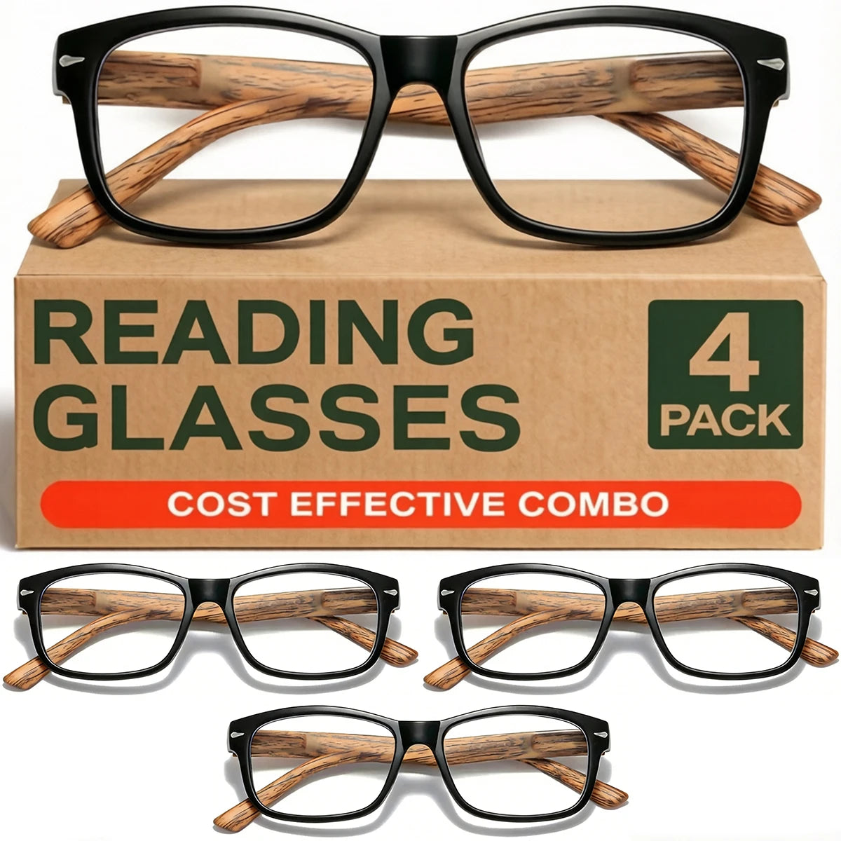 VOPHA Men's Wood-Look Rectangle Reading Glasses L73 | Blue Light Reading Glasses Qst 150 4 pack-Brown