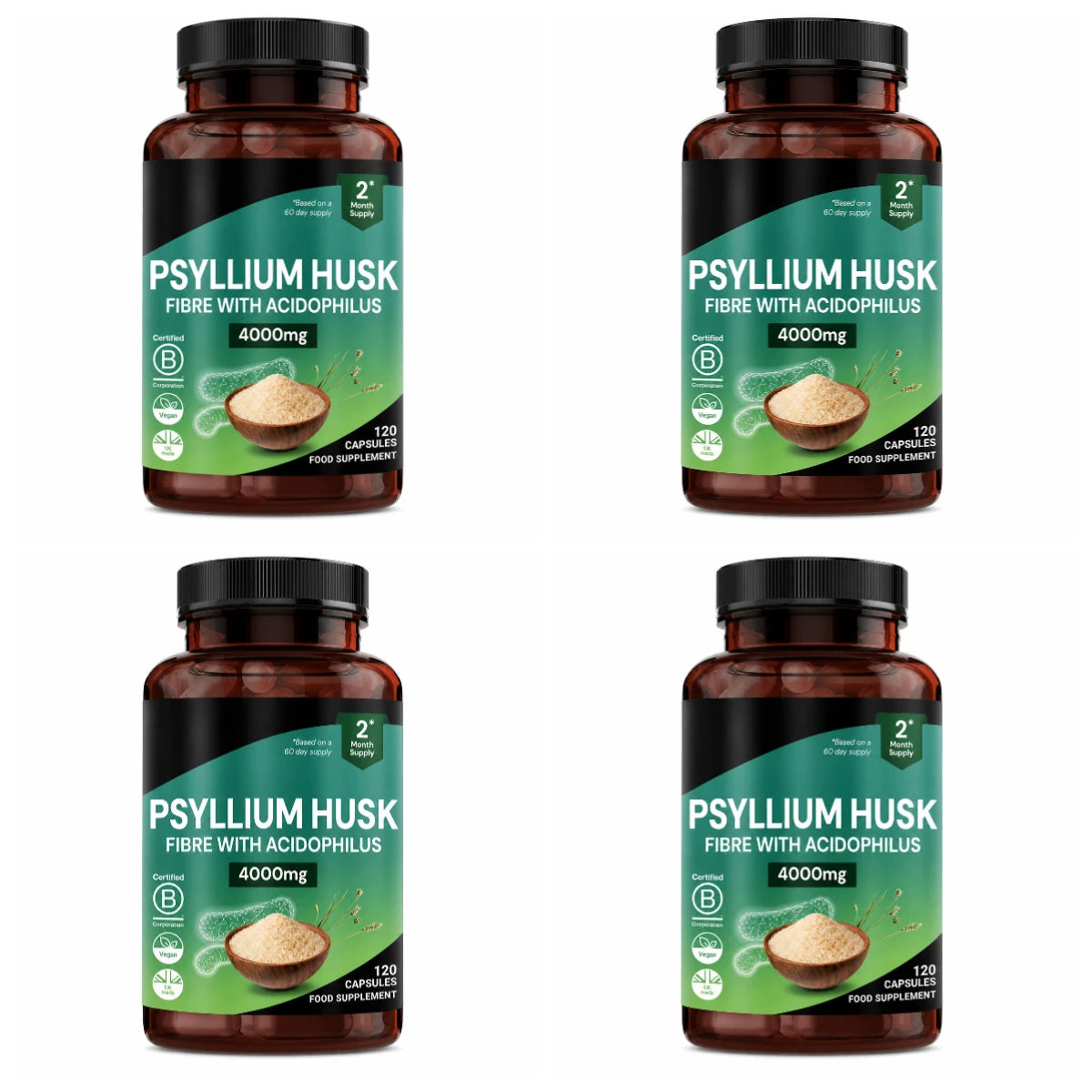 Psyllium Husk 4000mg + Lactobacillus Acidophilus – 120 Vegan Caps Fiber Probiotic Supplement Qst 4bottles 480capsule
