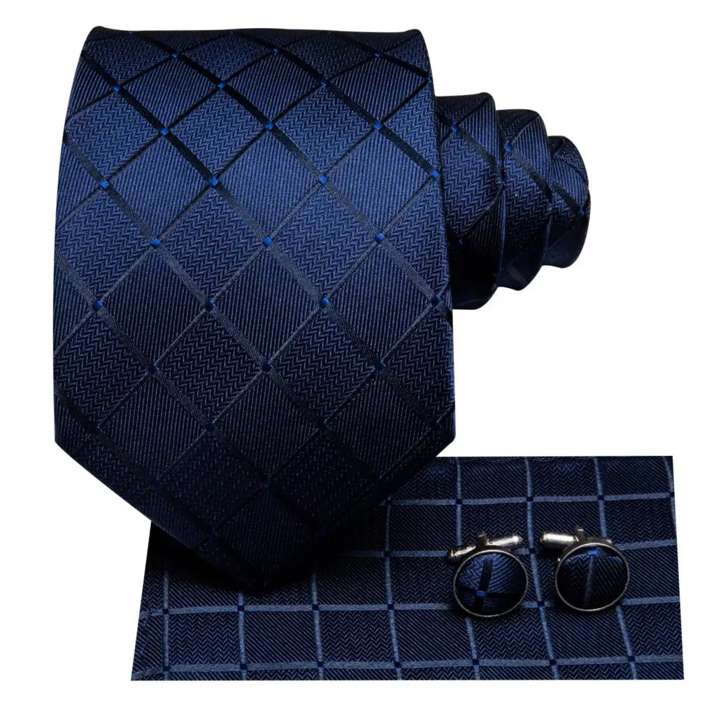 Hi-Tie Navy Blue Plaid Silk Necktie & Pocket Square Set for Men Silk Necktie Set Qme