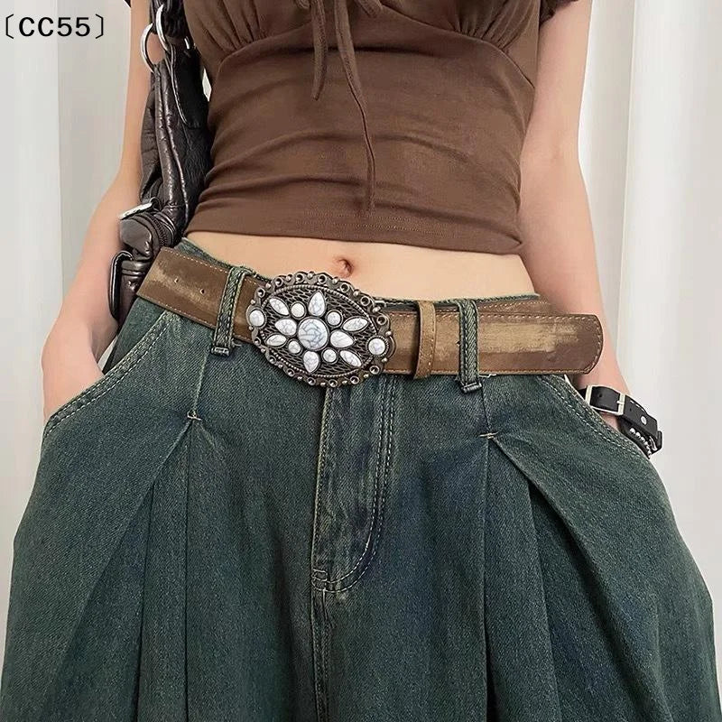 Vintage Boho Western Belt – White Stone Buckle Embossed Leather Boho Leather Belt Qst