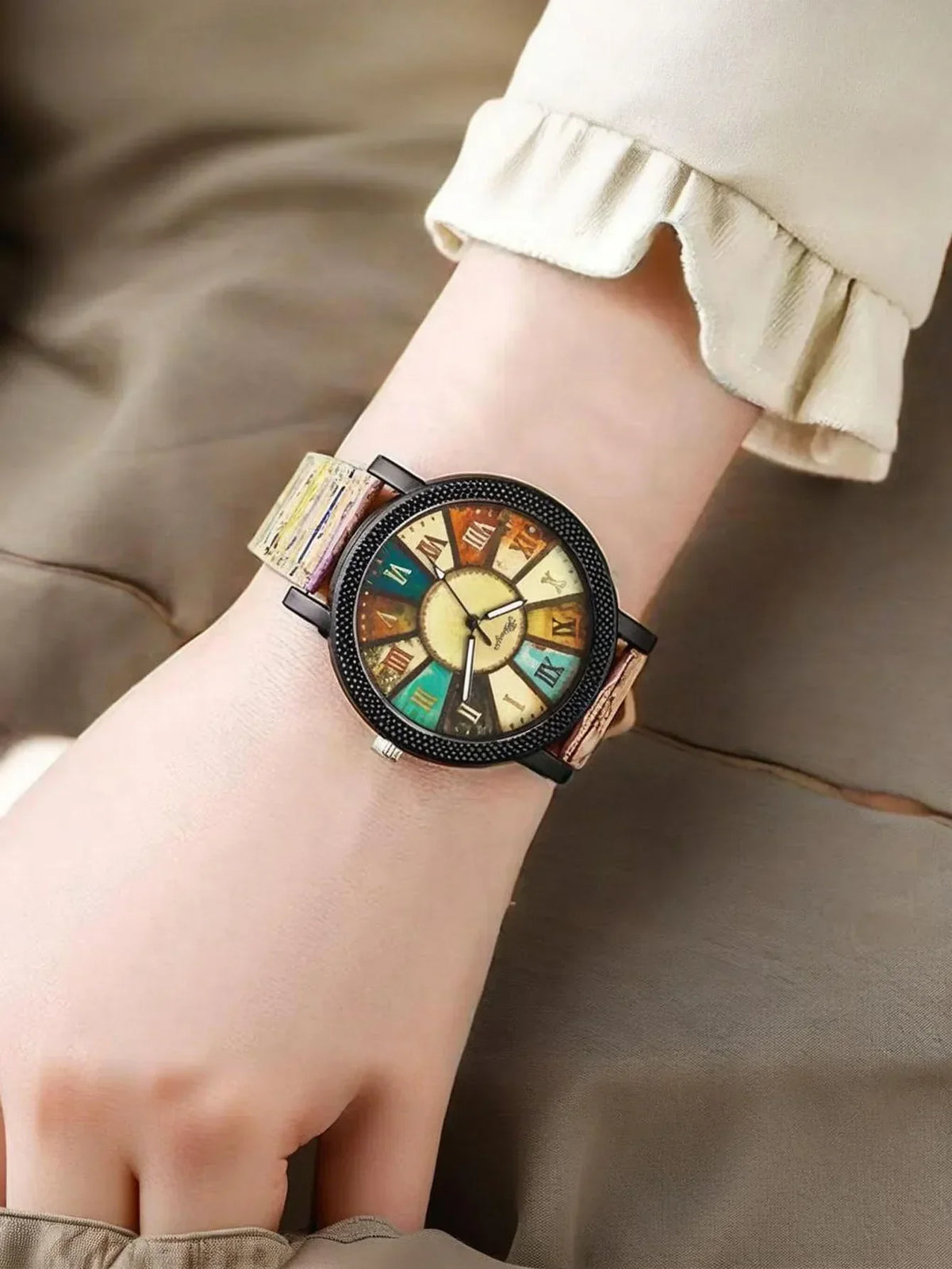 Women's Wood Grain Dial Retro Leather Watch Set – 2 Piece Women's Watch Set Qme