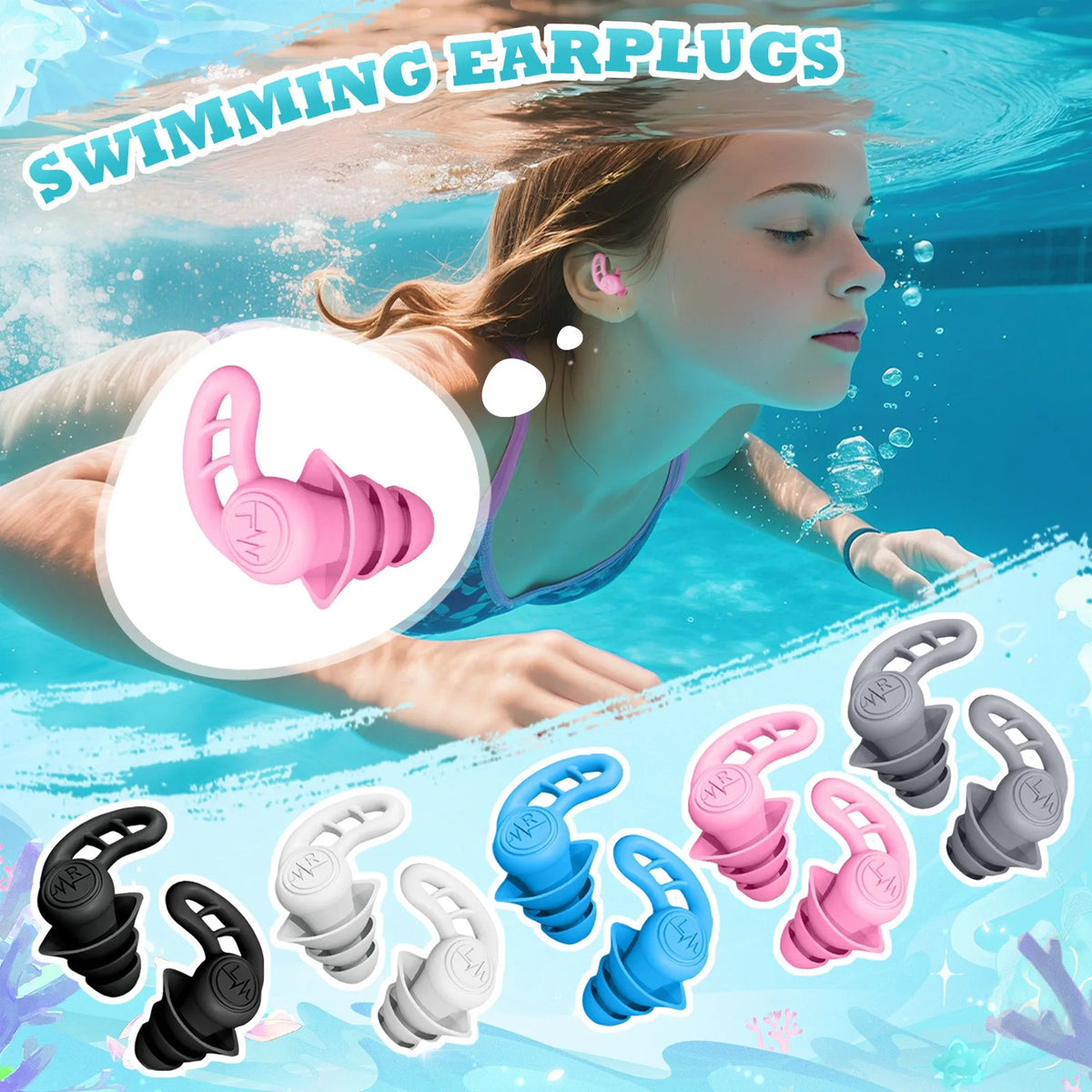 Reusable Silicone Swim Earplugs – Colorful Waterproof Adults Swim Earplugs Qme