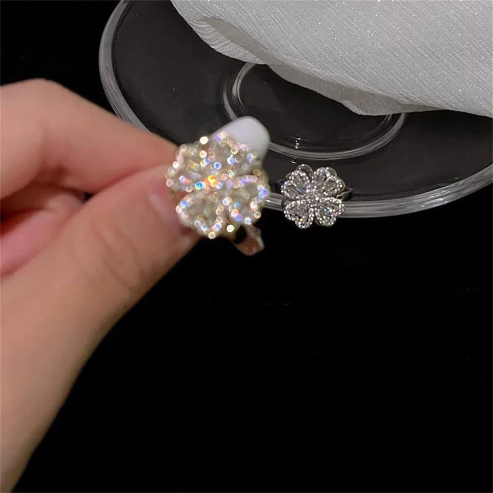 Rotating Four Leaf Clover Zircon Ring for Women – Adjustable Fashion Ring Qme