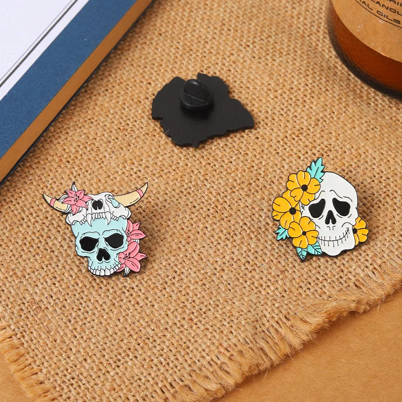 Flower Skeleton Skull Enamel Pin – Punk Lapel Brooch Badge Enamel Lapel Pin Qme