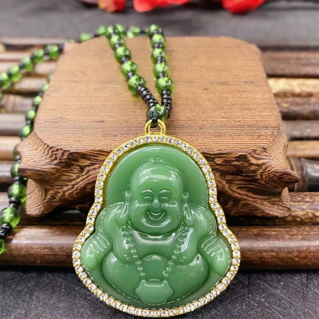 Green Jade Buddha Pendant Necklace – Maitreya Amulet Pendant Necklace Qme