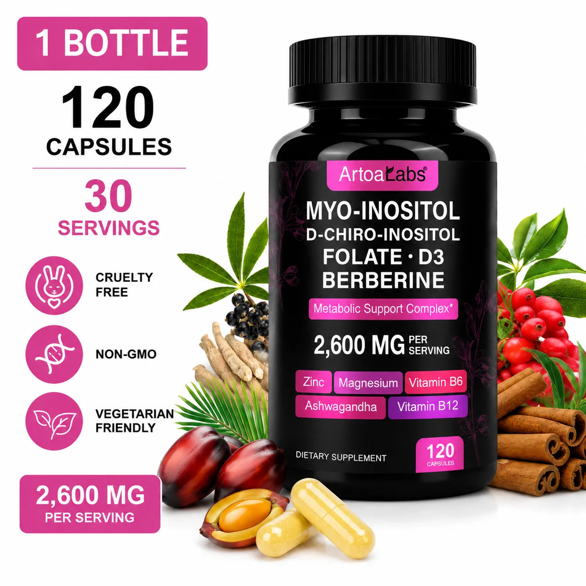 Myo Inositol D-Chiro Berberine Ashwagandha Women's Capsules 120ct Women's Wellness Supplement Qst 120 Caps-1 bottle