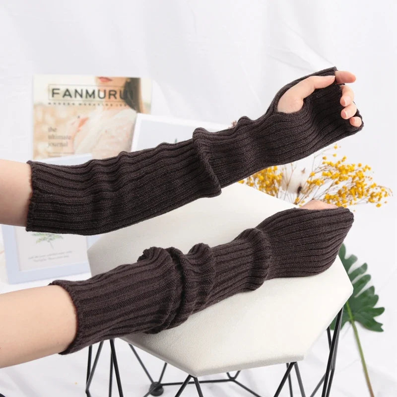 Women Long Fingerless Gloves Lolita Kawaii Knit Arm Warmers Fingerless Arm Warmers Qme Dark Grey length-52cm