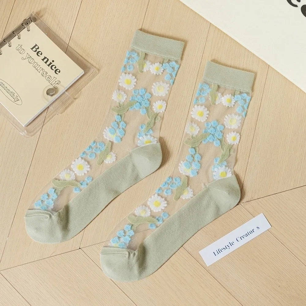Floral Embroidery Tulle Socks – Sheer Crystal Silk Mesh Embroidery Tulle Socks Qme