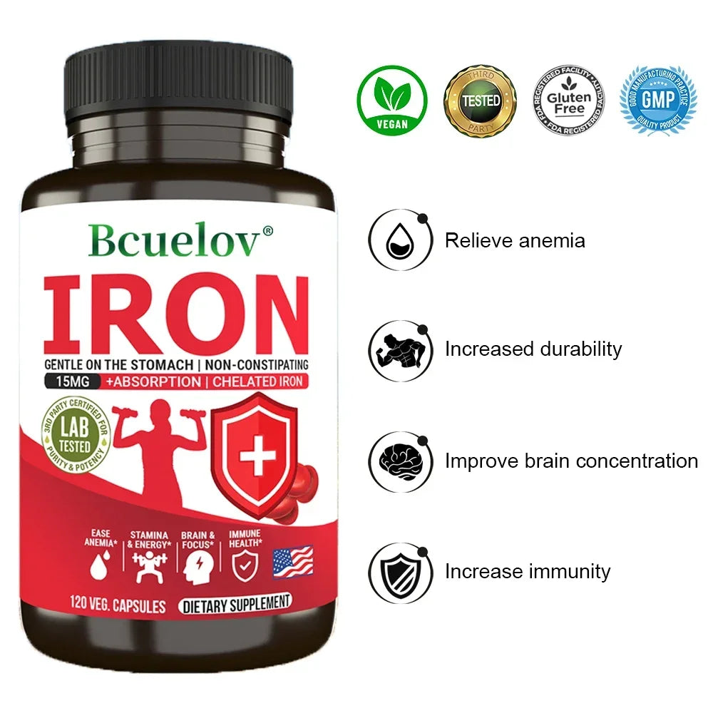 Bcuelov Iron Supplements 15mg – Energy & Immune Support Iron Supplement Qst