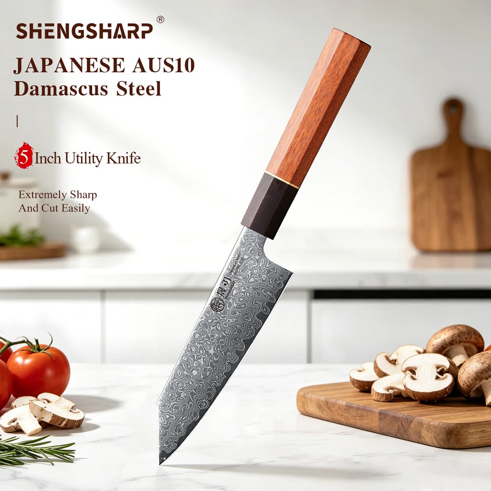 SHENGSHARP 5" Damascus Steel Utility Knife – Japanese Handle Kitchen Utility Knife Qst Utility Knife 5 inch