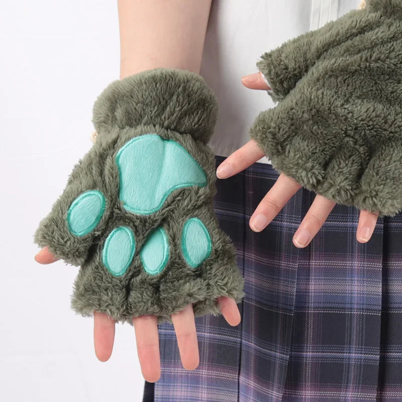Women's Plush Cat Claw Gloves – Cute Bear Paw Fingerless Mittens Fingerless Novelty Gloves Qme