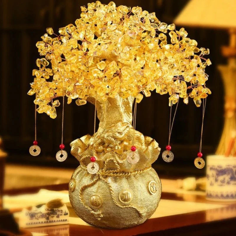 Yellow Crystal Money Tree Bonsai Feng Shui Wealth Ornament Decorative Ornament Qme