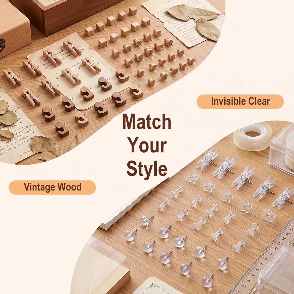 100Pcs Decorative Push Pin Clips – Wood & Transparent Plastic Decorative Push Pins Qst