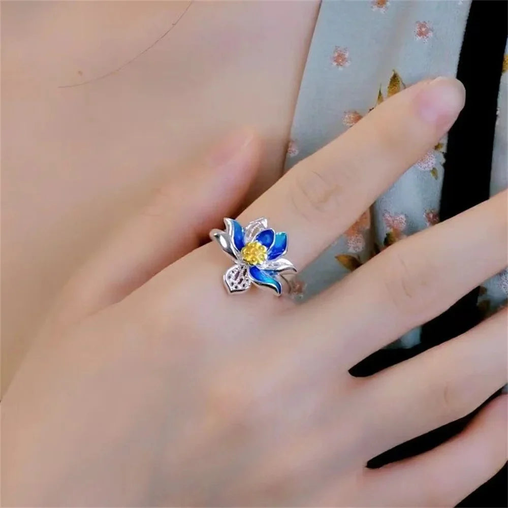 Retro Blue Enamel Lotus Ring – Adjustable Ethnic Minimalist Enamel Fashion Ring Qme