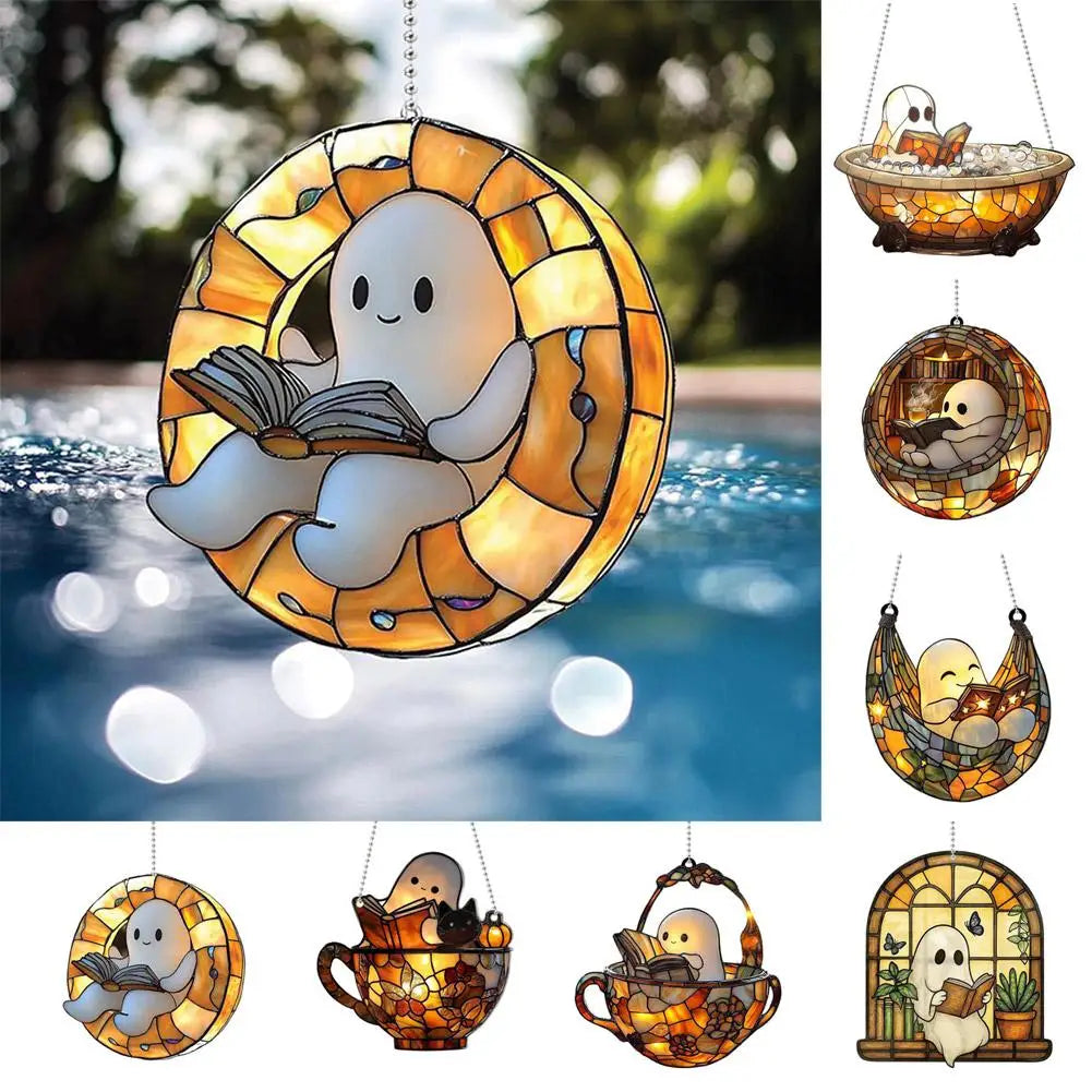 Halloween Ghost Reading Book Acrylic Suncatcher Hanging Decor Halloween Suncatcher Qme