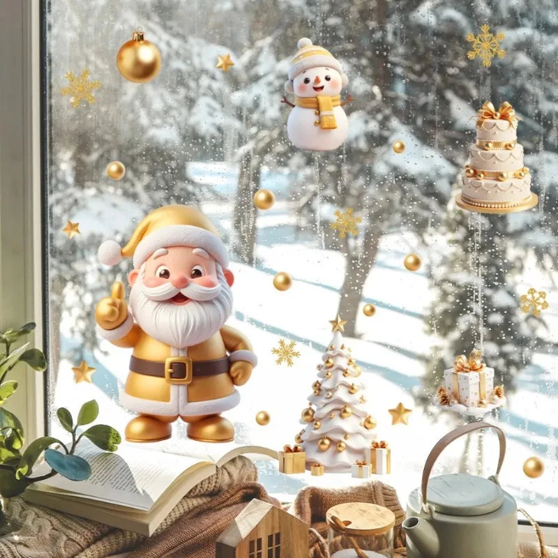 Golden Santa Snowman Reusable Static Cling Window Decals Christmas Window Clings Qme