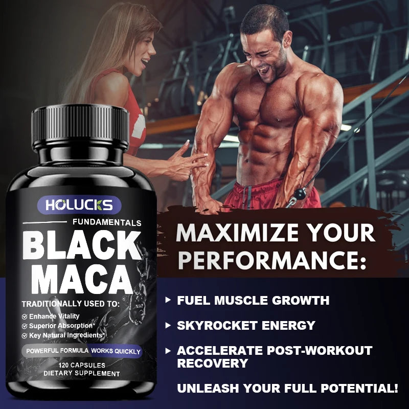 HOLUCKS Organic Black Maca Capsules – Energy & Vitality (120ct) Maca Supplement Qst