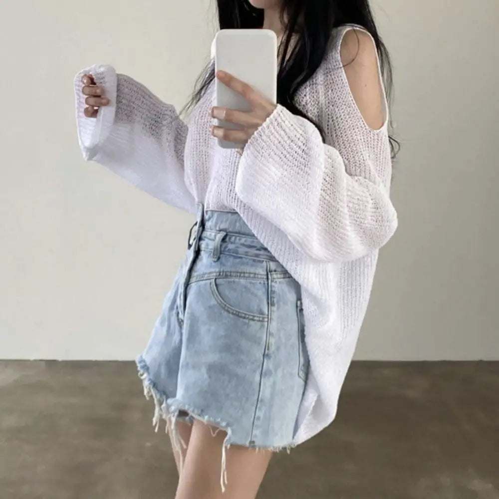 Hollow Out Crochet Knit Pullover – V-Neck Long Sleeve Top Crochet Knit Pullover Qme
