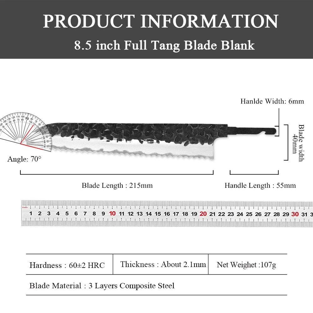 DASHWAY 8.5" Serrated Bread Knife Blank Blade – DIY Full Tang Knife Blank Blade Qst