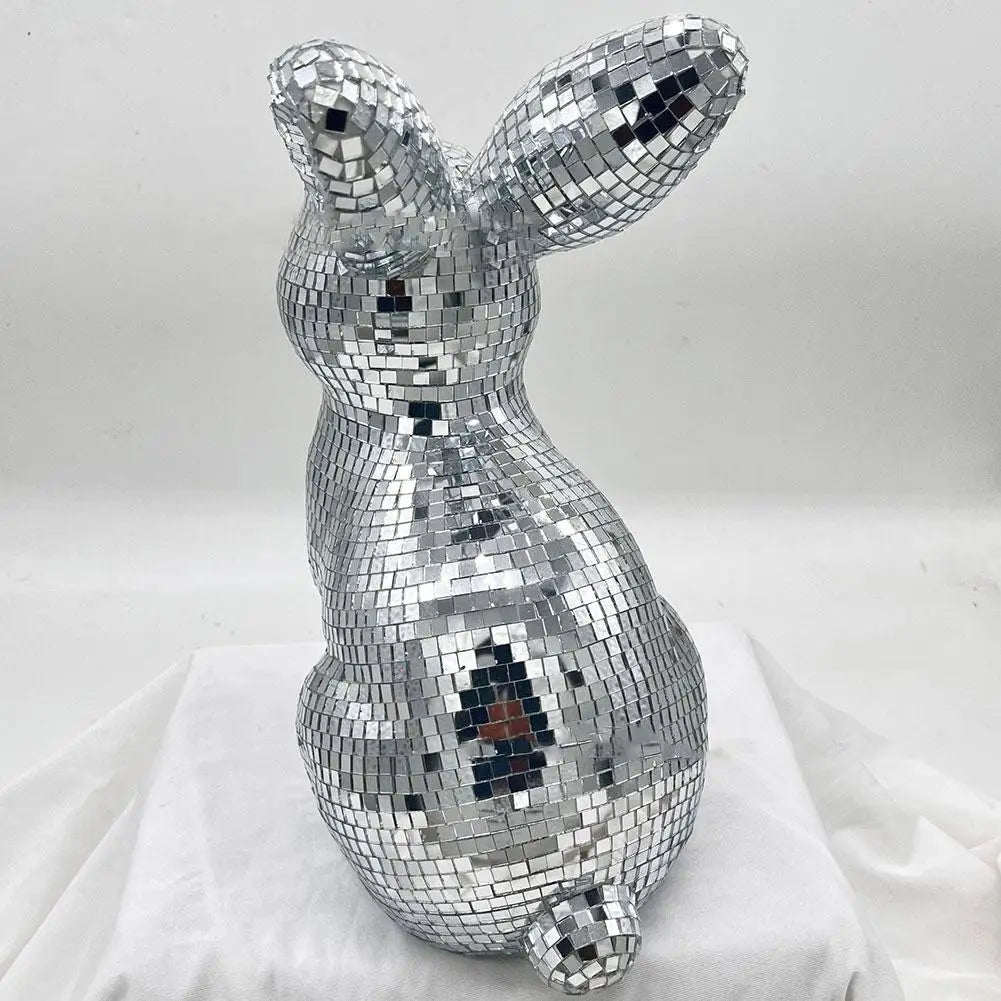 Mirror Disco Ball Bunny Figurine | Easter Rabbit Desk Ornament Decorative Figurine Qme