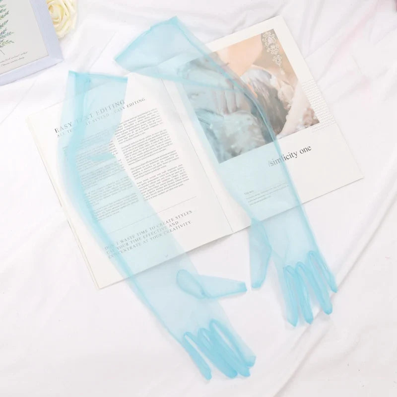 Women's Sheer Lace Mesh Gloves – Ultra Thin Elastic, 55cm Lace Mesh Gloves Qme SKY BLUE 55cm