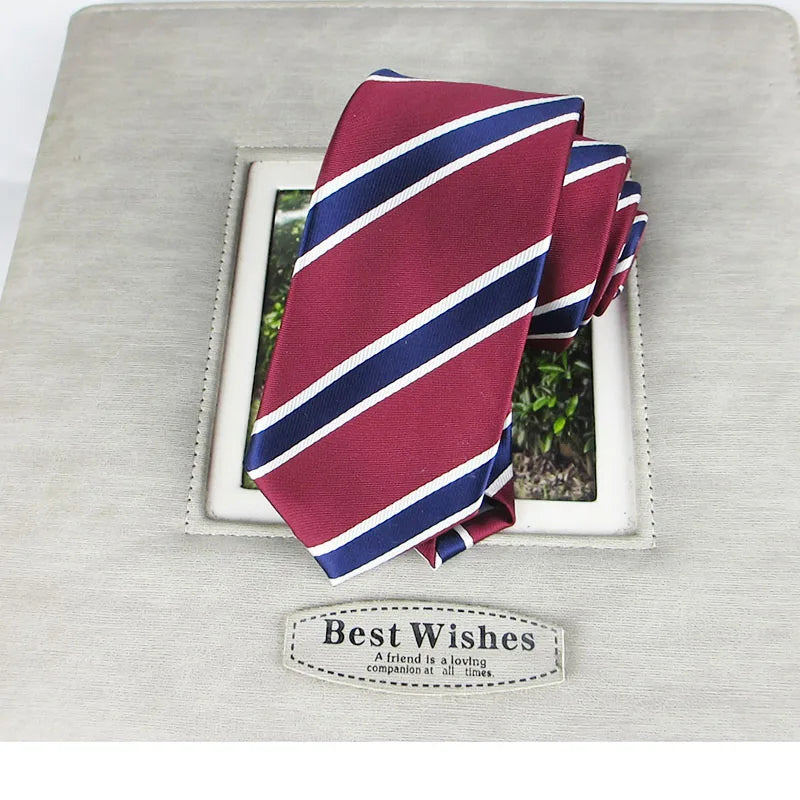 Slim Stripe Polyester Necktie – Navy Blue & Burgundy | Qme Slim Necktie Qme
