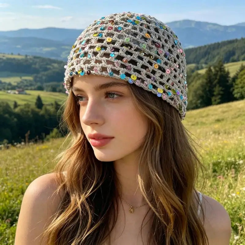 Women's Y2K Sequin Knitted Bucket Hat – Hollow Crochet Style Knitted Bucket Hat Qst Gray