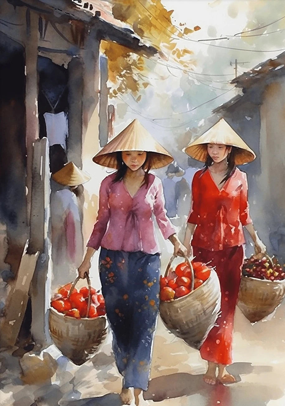 Vietnamese Village Canvas Wall Art – Vintage Watercolour Print Canvas Wall Art Qst 11 20x30cm Unframed