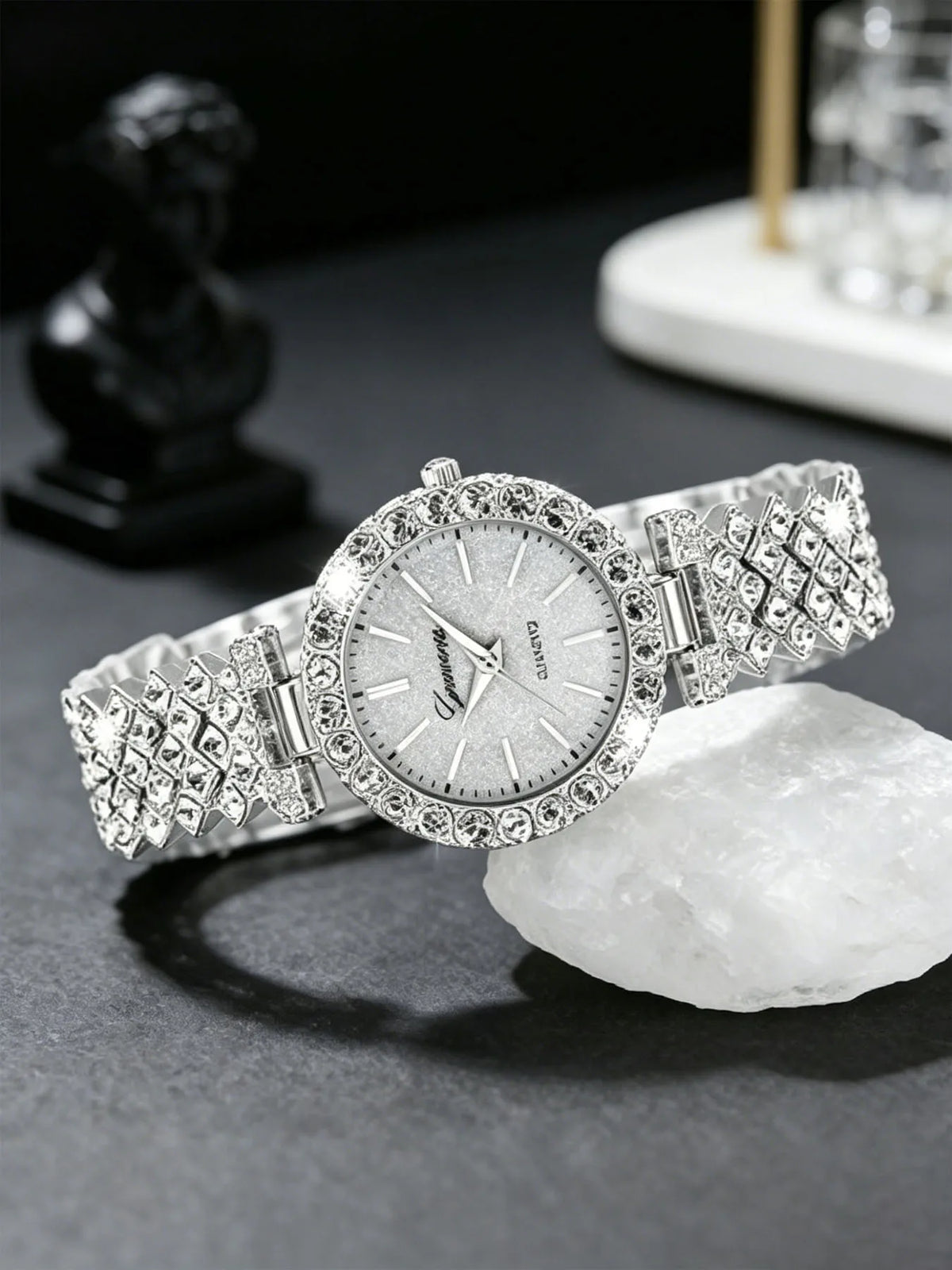 Women's 4-Piece Diamond Quartz Watch & Bracelet Set Watch & Bracelet Set Qme