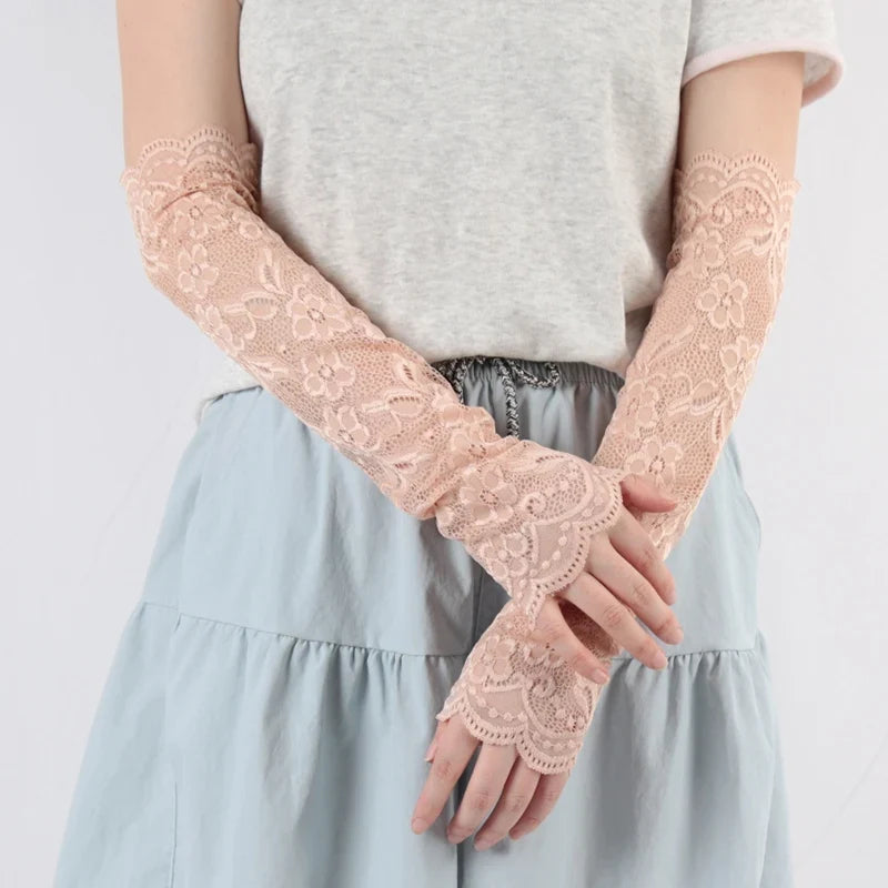 Women's Long Lace Fingerless Gloves Flower Sun Arm Sleeves Lace Arm Sleeves Qme Pink One Size