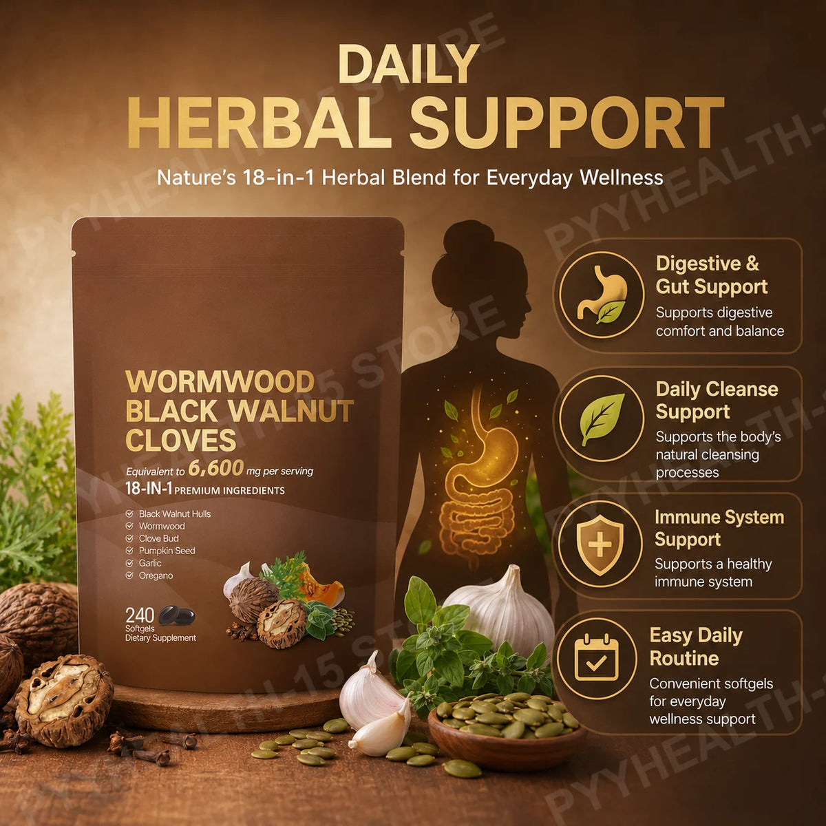 18-in-1 Wormwood Black Walnut Clove Herbal Softgels 240ct Herbal Supplement Qst