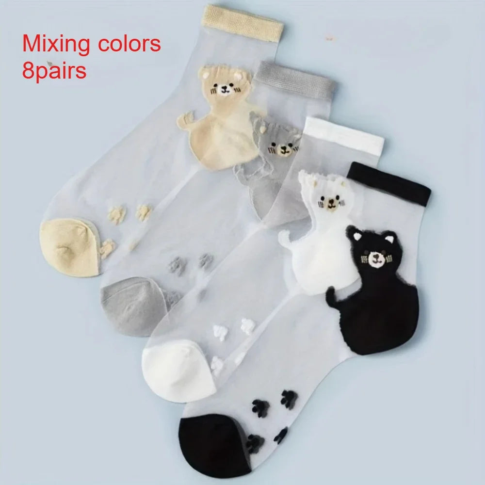 Women's Bear Pattern Sheer Crystal Silk Ankle Socks Sheer Novelty Socks Qme Mixing color-8pairs One Size
