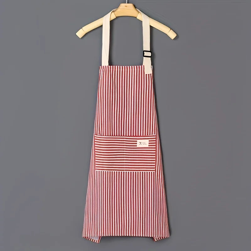 Striped Linen Kitchen Apron – Adjustable Strap & Pocket Kitchen Apron Qme Pink 1pc