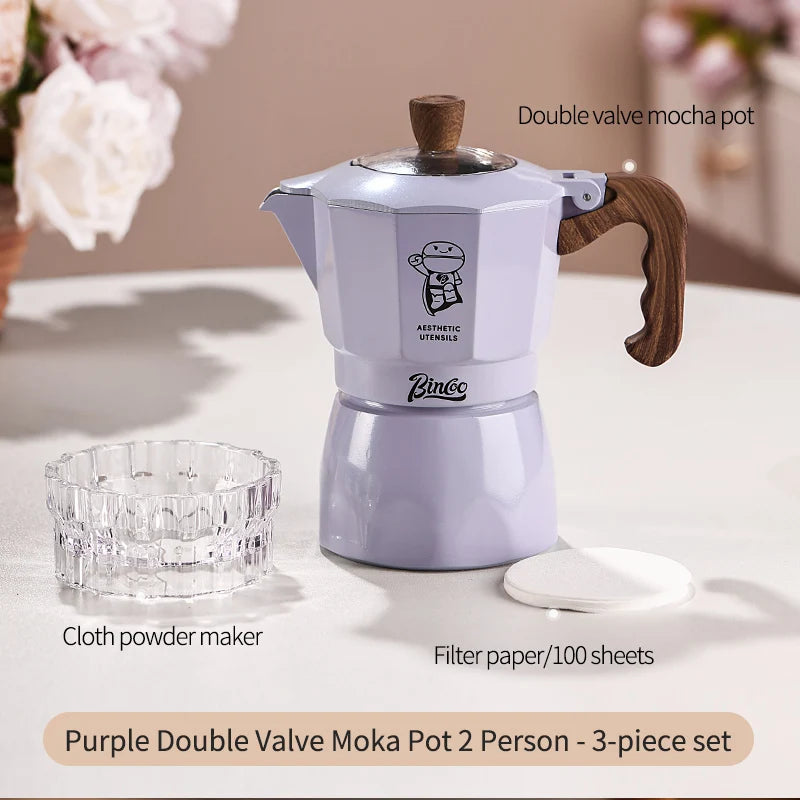 Bincoo Dual Valve Moka Pot Set with Heater – Portable Espresso Moka Pot Set Qst Purple 3pcs
