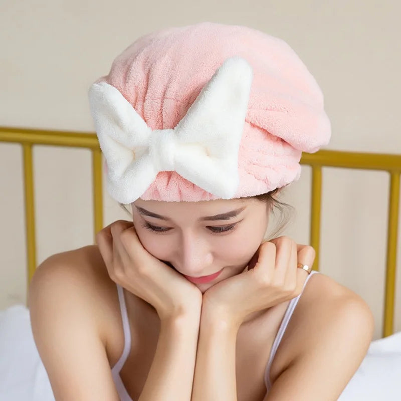 Cute Bow Velvet Hair Towel Wrap – Quick-Dry Absorbent Cap Hair Towel Wrap Qme