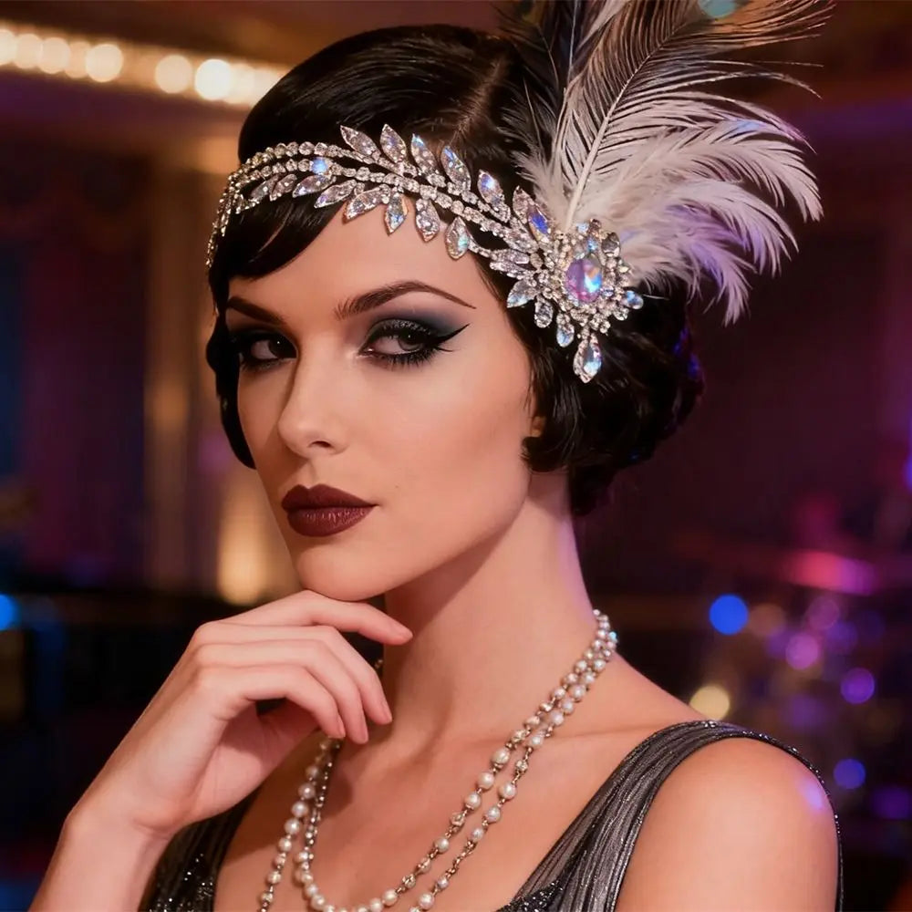 1920s Feather Headband | Sequin Rhinestone Masquerade Hair Band Feather Headband Qme