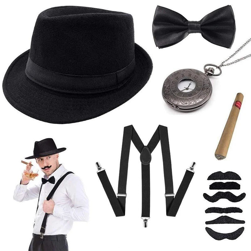 1920s Gatsby Cosplay Set – Hat, Pocket Watch, Bow Tie & More Costume Accessory Set Qst
