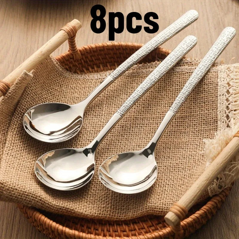 Hammered Stainless Steel Long Handle Spoons – Set of 8 Flatware Spoon Set Qme Silvery