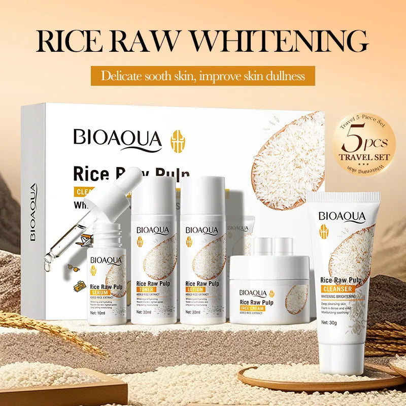 BIOAOUA Rice Raw Brightening Hydrating Skincare Set – 5pcs Skincare Gift Set Qme