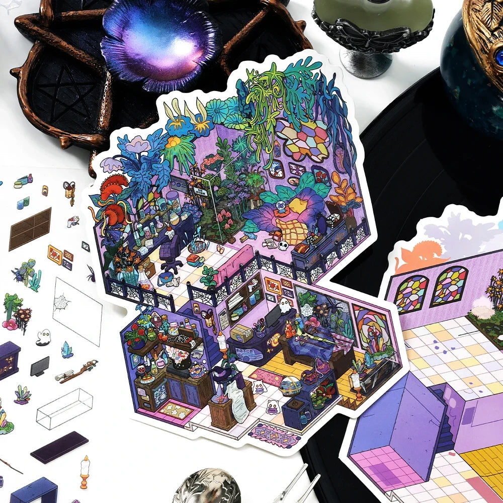Fantasy House Miniature Scene Stickers – 3 Sheets, 5 Colors Decorative Craft Stickers Qme