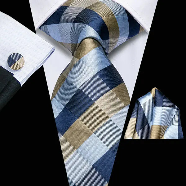 Men's Silk Necktie Pocket Square Cufflinks 3-Piece Set Formal Accessory Set Qme DPTH-LDSN3947