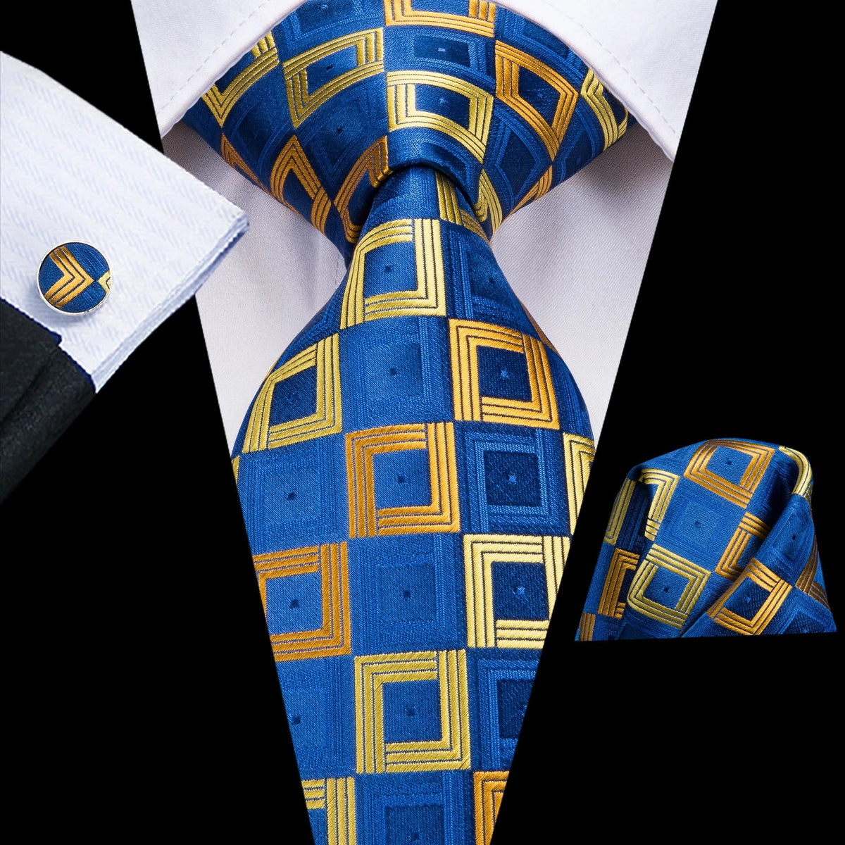 Men's Silk Necktie Pocket Square Cufflinks 3-Piece Set Formal Accessory Set Qme DPTH-LDSN3183