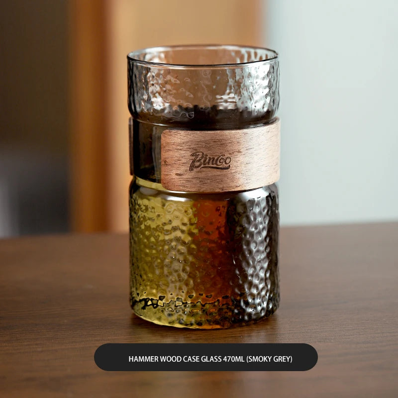 470ml Japanese Glass Cup with Walnut Sleeve | Coffee & Tea Mug Glass Coffee Cup Qst Hammer pattern grey 401-500ml