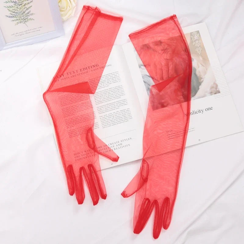 Women's Long Sheer Tulle Gloves Full Finger Mesh Arm Gloves Mesh Fashion Gloves Qme Red 55cm