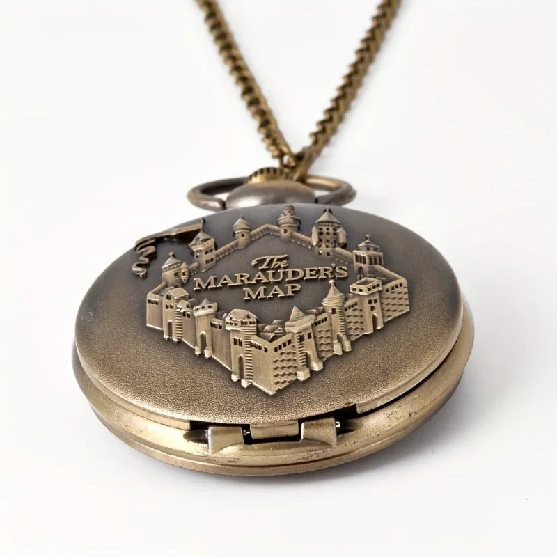 Vintage Castle Embossed Pocket Watch with Bronze Chain Pocket Watch Qme